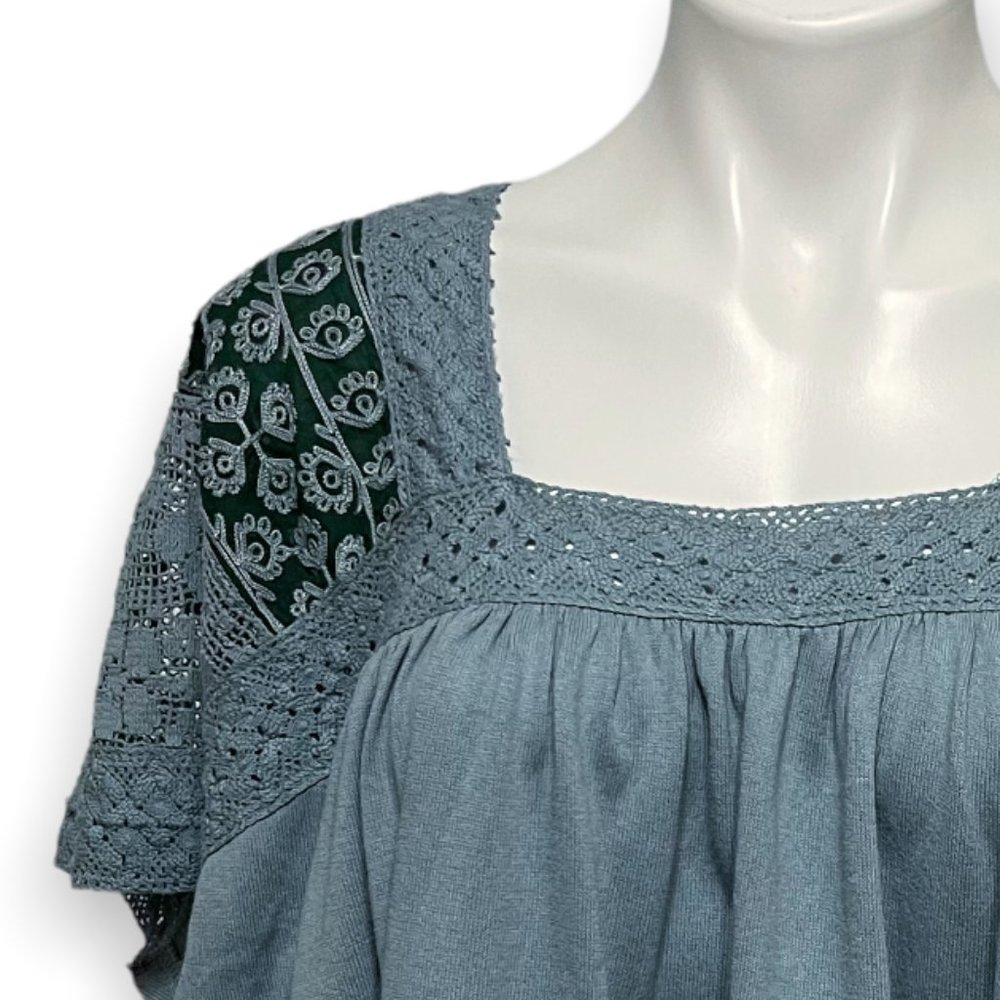 Free People Medium Prairie Days Short Sleeve Square Neck Blue Prairie Boho Top - Picture 3 of 8